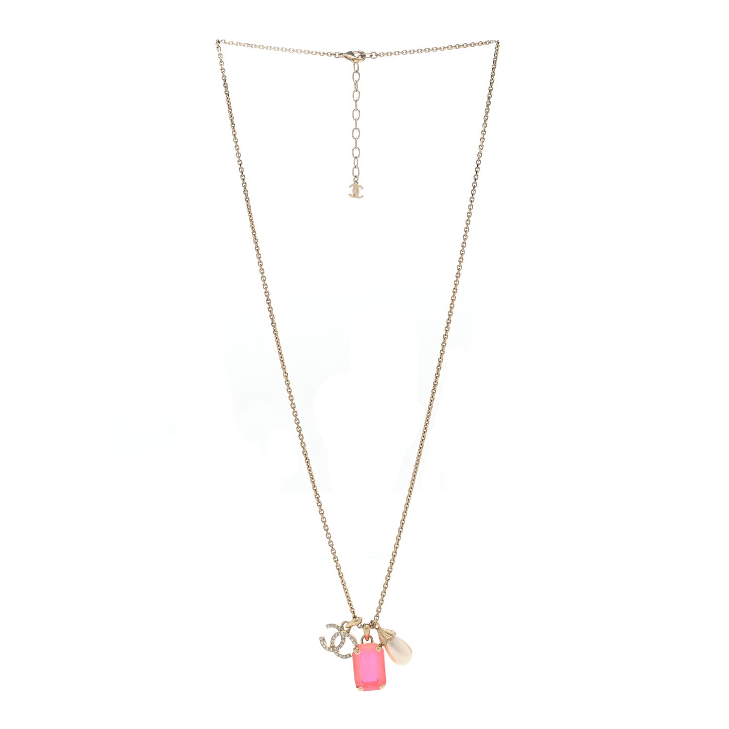 Chanel Metal Crystal Pearl CC Necklace Gold Pink 3 of 6