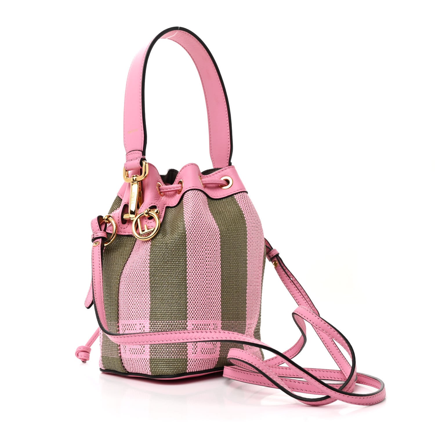 Fendi Raffia Vitello Seta F is Fendi Pequin Gingham Woven Mini Mon Tresor Bucket Bag Military Rosa Lollypop 3 of 11