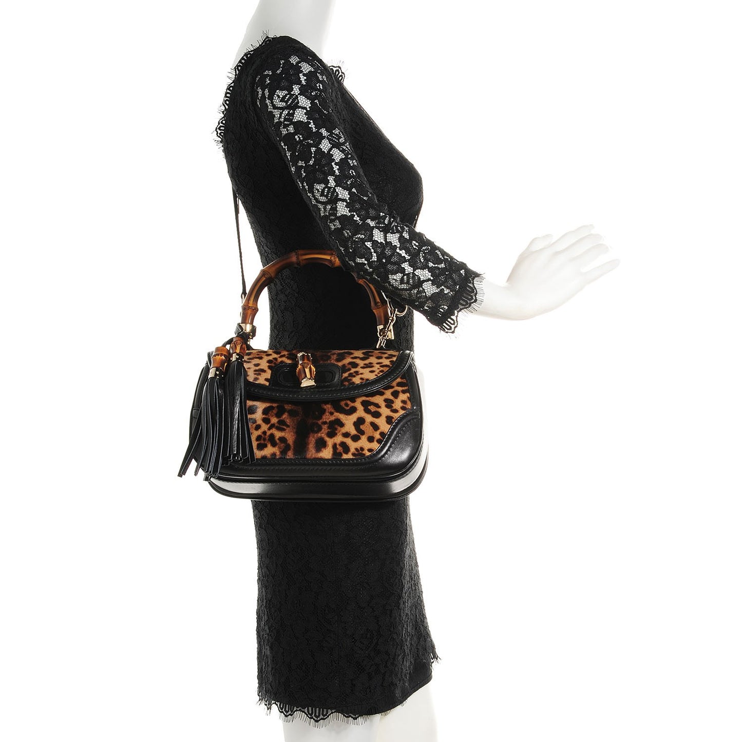 Calf Hair Jaguar Printed Medium New Bamboo Top Handle Bag Black