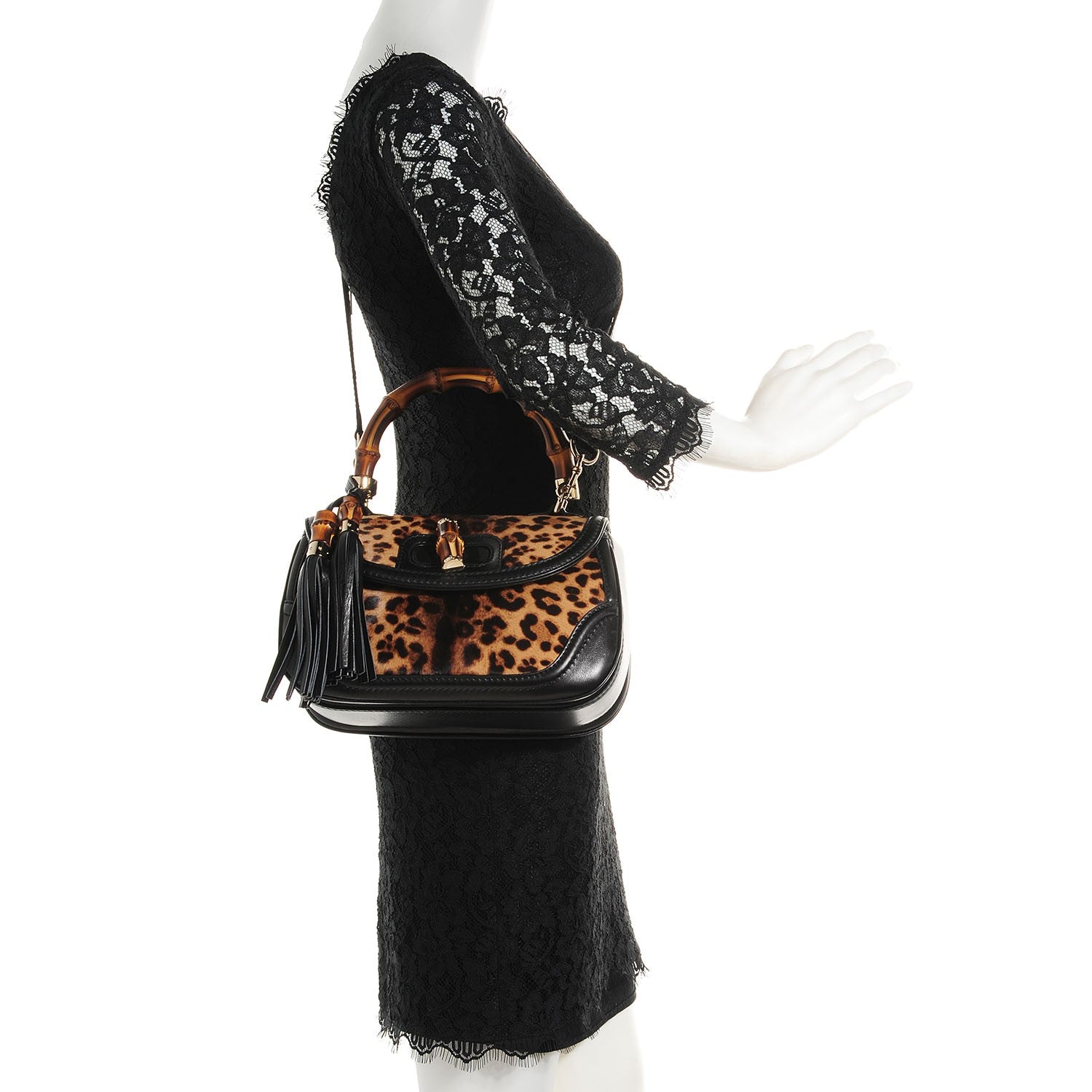 Gucci Calf Hair Jaguar Printed Medium New Bamboo Top Handle Bag Black 2 of 7