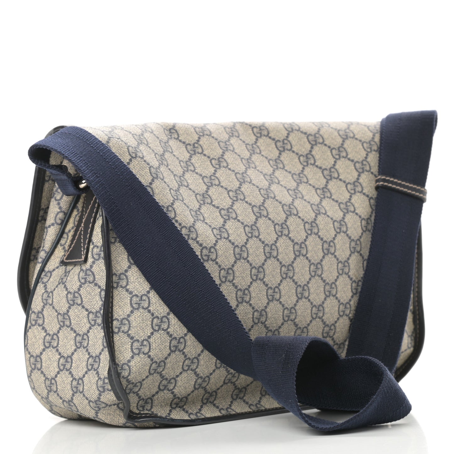 GG Plus Monogram Medium Double Buckle Flap Messenger Bag Beige Navy