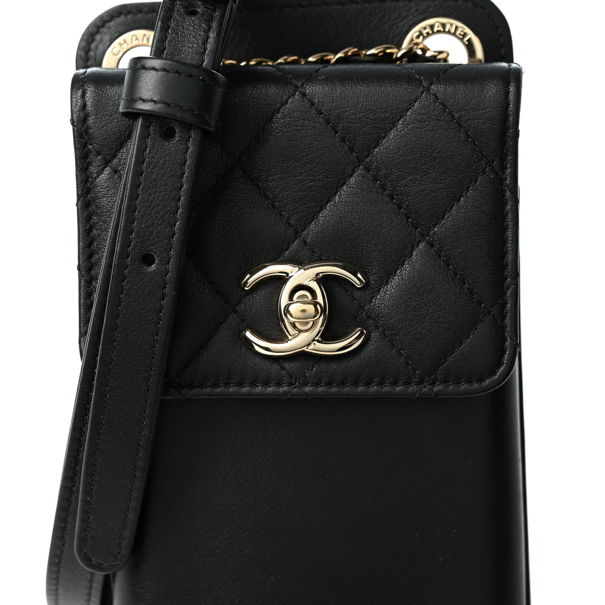 Lambskin Quilted Phone Holder Flap With Chain Black