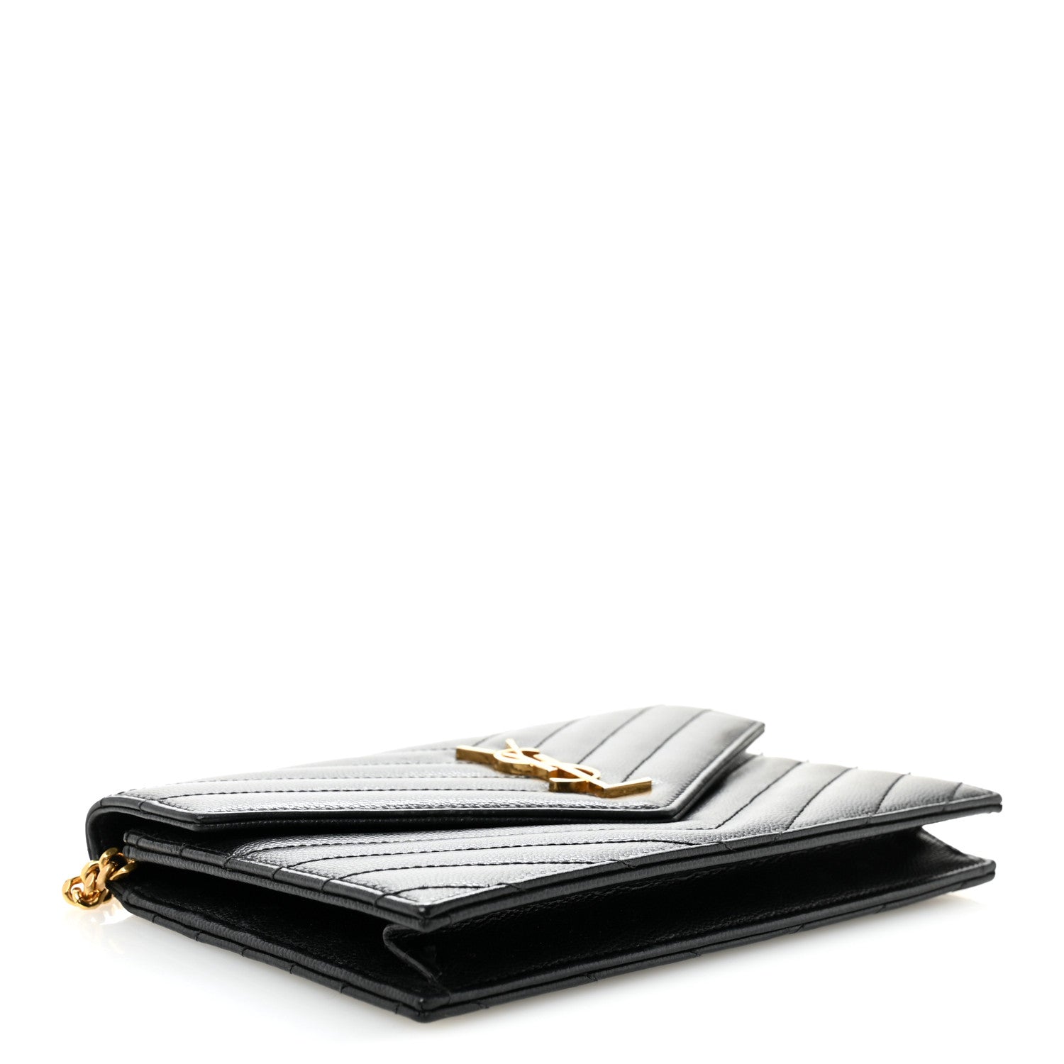 Saint Laurent Grain De Poudre Matelasse Chevron Monogram Envelope Chain Wallet Black 4 of 13