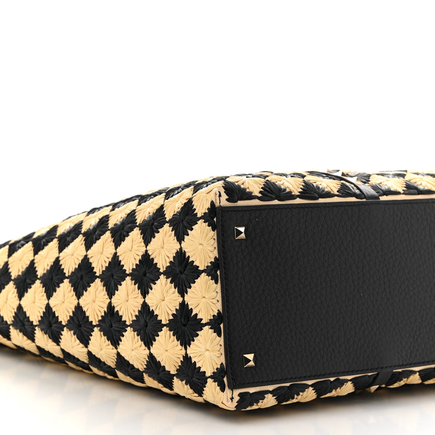 Raffia Embroidered Checkered Calfskin Rockstud Shopping Tote Natural Black
