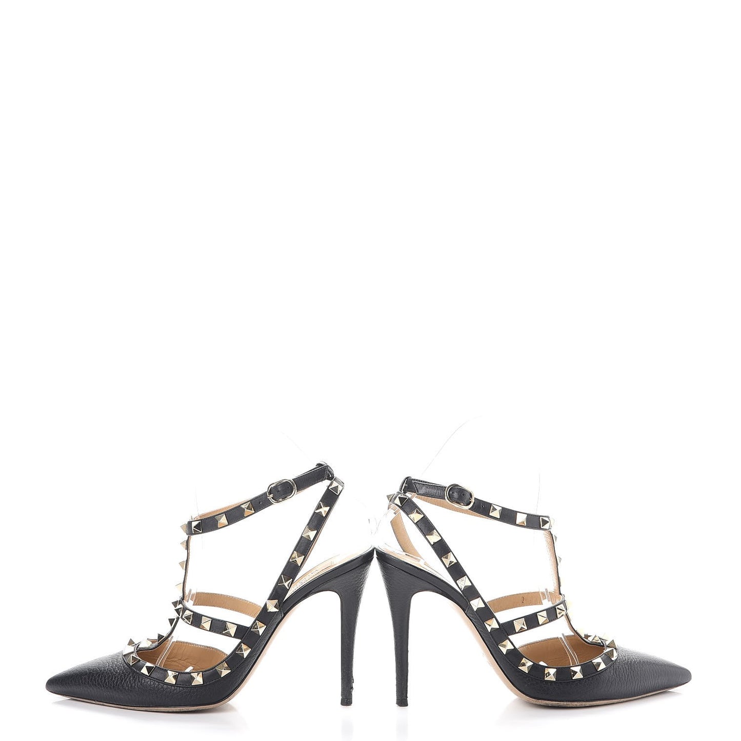 Pebbled Calfskin Rockstud Ankle Strap Pumps 38 Black