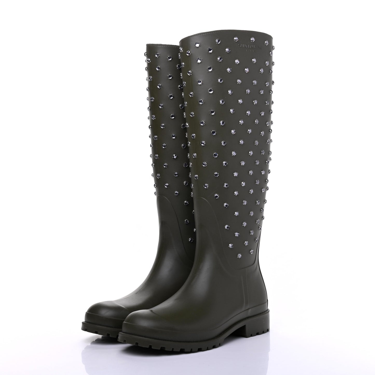 Rubber Crystal Studded Festival Rain Boots 37 Dark Khaki
