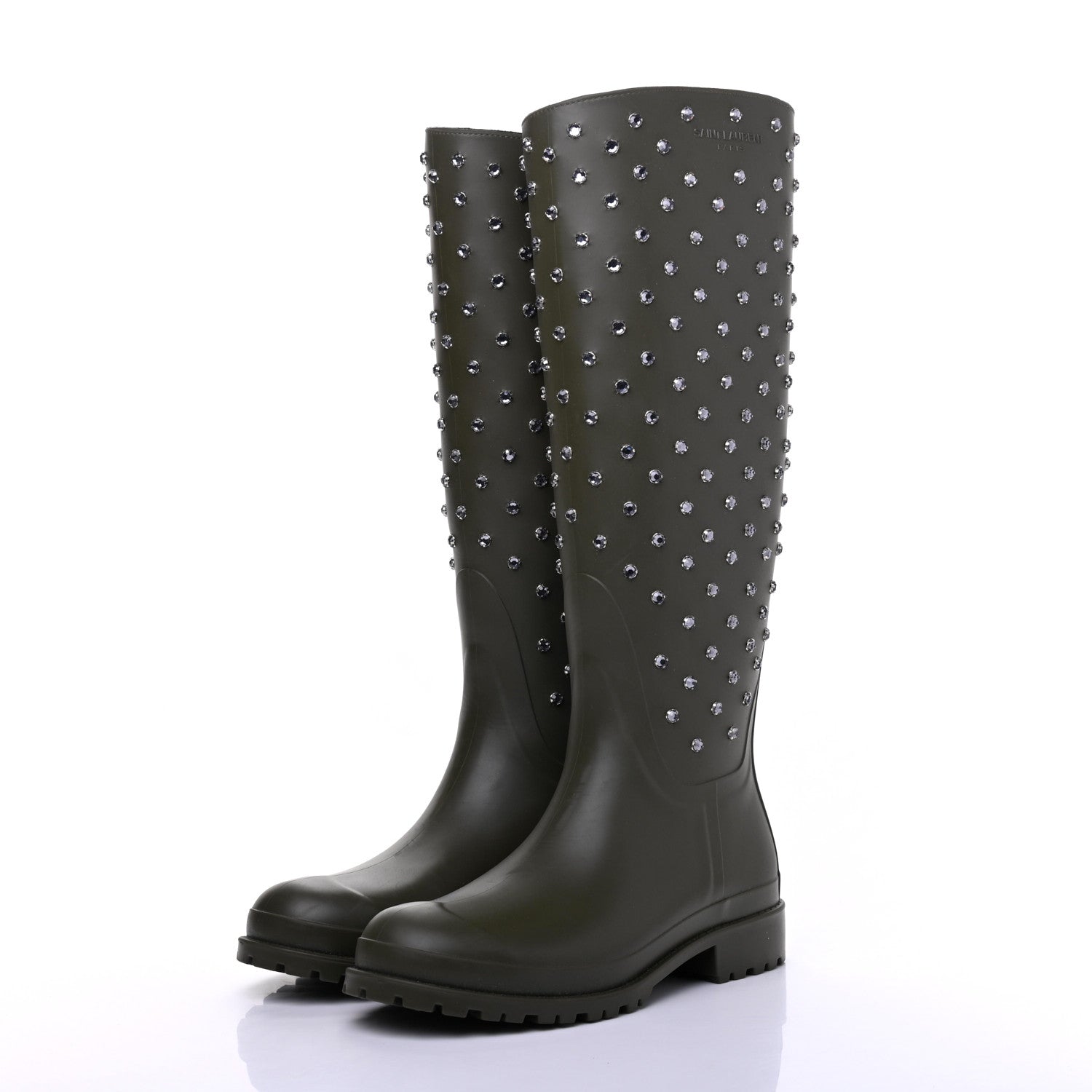 Saint Laurent Rubber Crystal Studded Festival Rain Boots 37 Dark Khaki 3 of 10