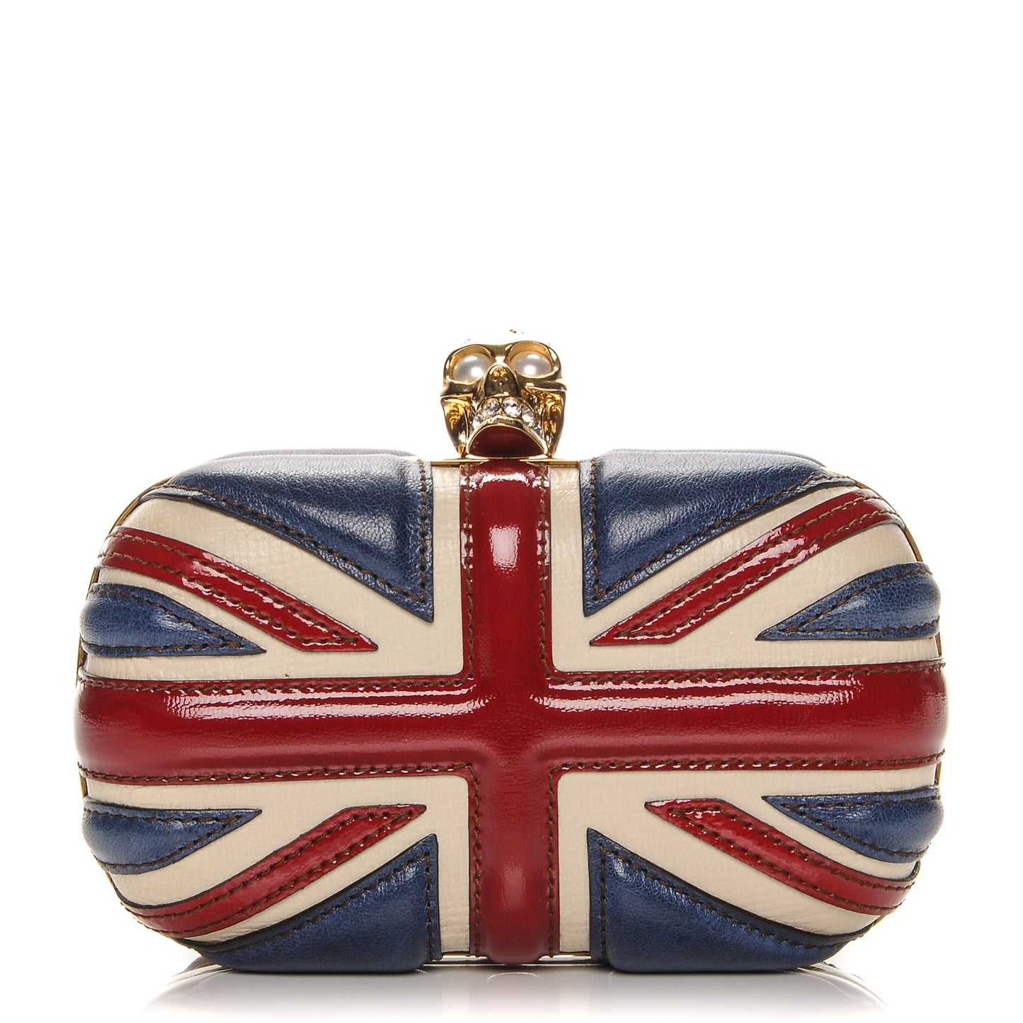 Patent Calfskin Britannia Skull Box Clutch Red Blue