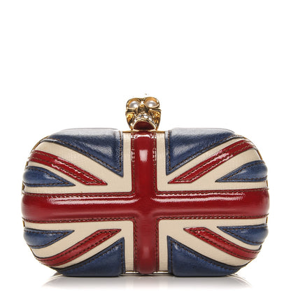 Alexander McQueen Patent Calfskin Britannia Skull Box Clutch Red Blue 1 of 8