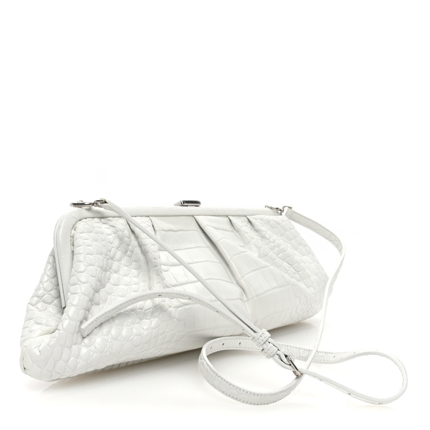 Balenciaga Shiny Supple Calfskin Logo Crocodile Embossed XL Cloud Clutch White 2 of 11