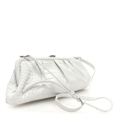 Balenciaga Shiny Supple Calfskin Logo Crocodile Embossed XL Cloud Clutch White 2 of 11