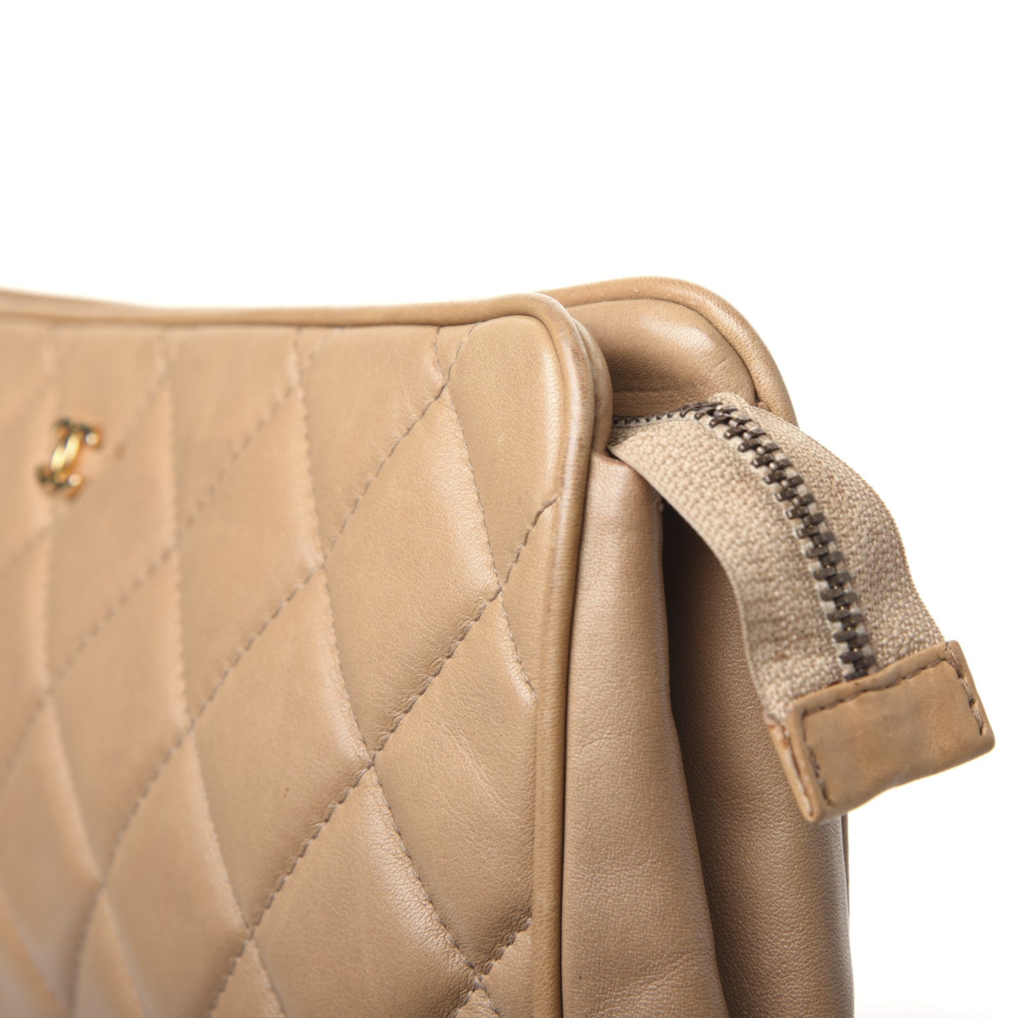 Lambskin Quilted Cosmetic Zip Pouch Beige