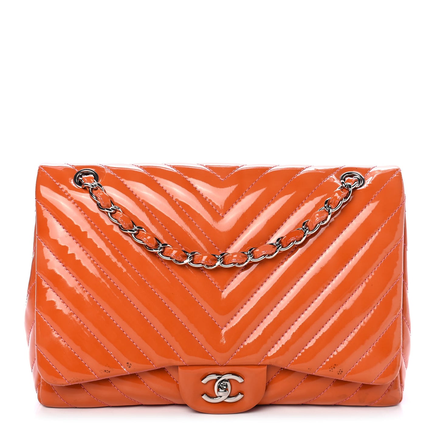 Patent Chevron Quilted Jumbo Single Flap Orange