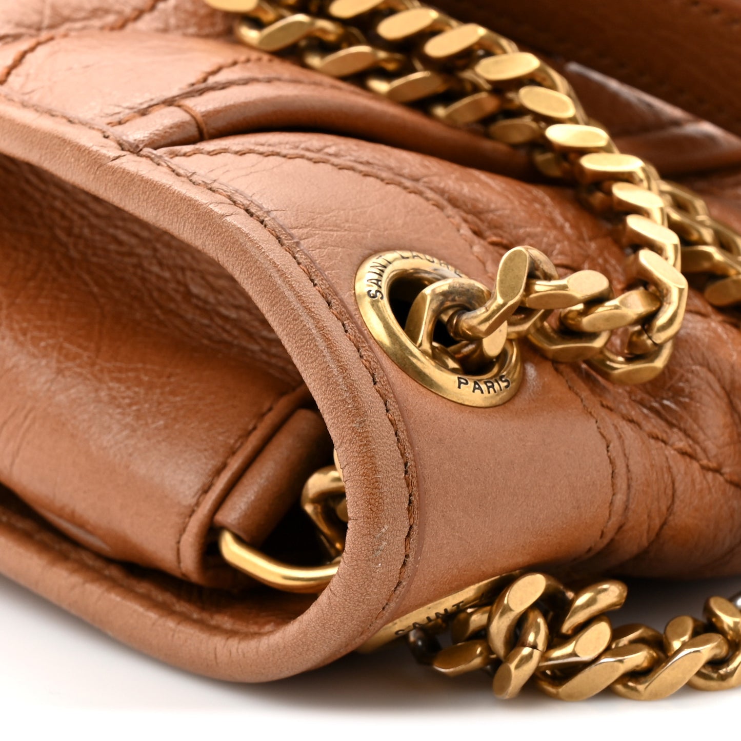 Crinkled Calfskin Matelasse Monogram Medium Niki Chain Satchel Caramel