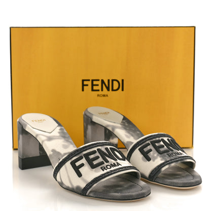 Fendi Canvas Floral Print Logo Mid-Heel Slide Sandals 39 Black White 10 of 10
