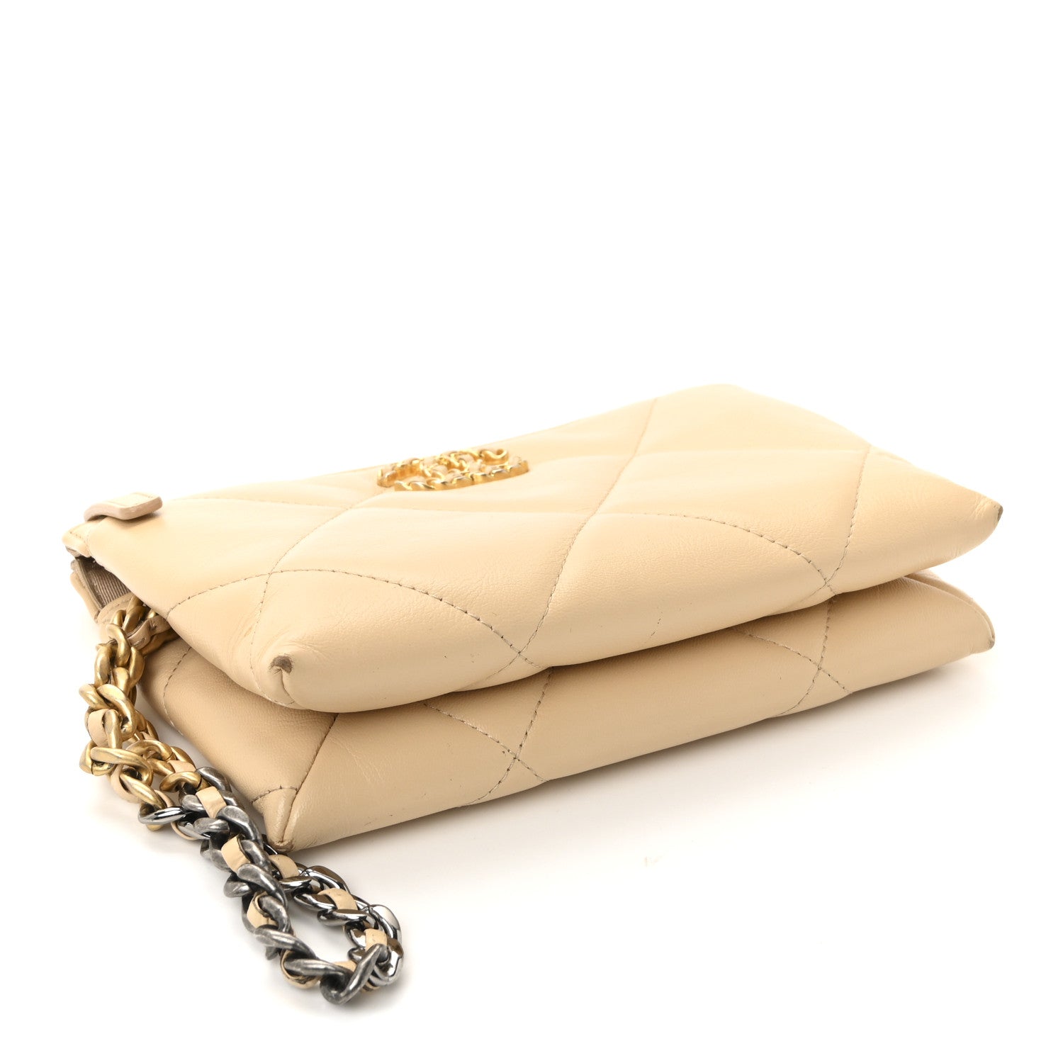 Chanel Shiny Goatskin Quilted Chanel 19 Small Pouch With Handle Beige 4 of 8