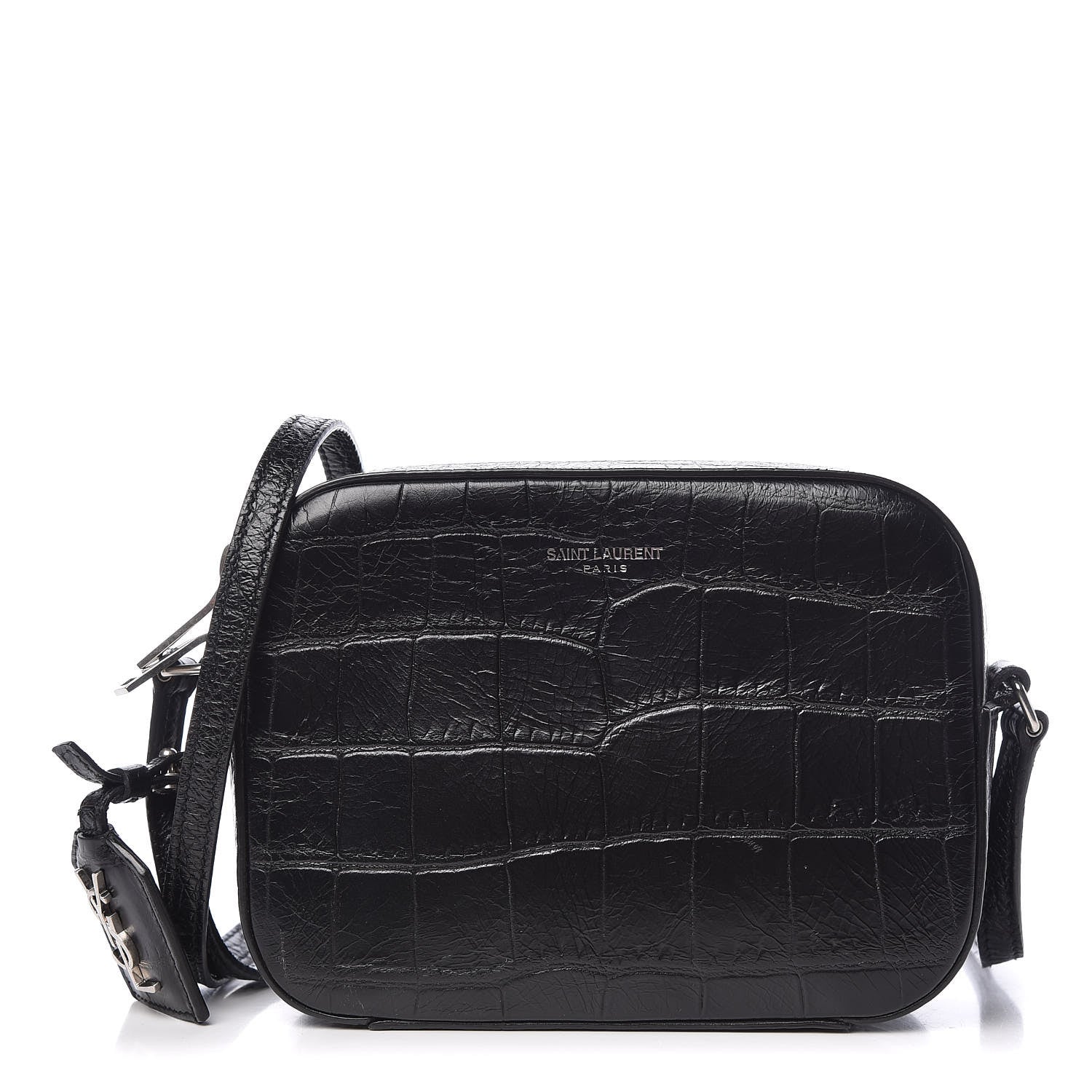 Saint Laurent Calfskin Crocodile Embossed Small Classic Monogram Camera Bag Black 1 of 9