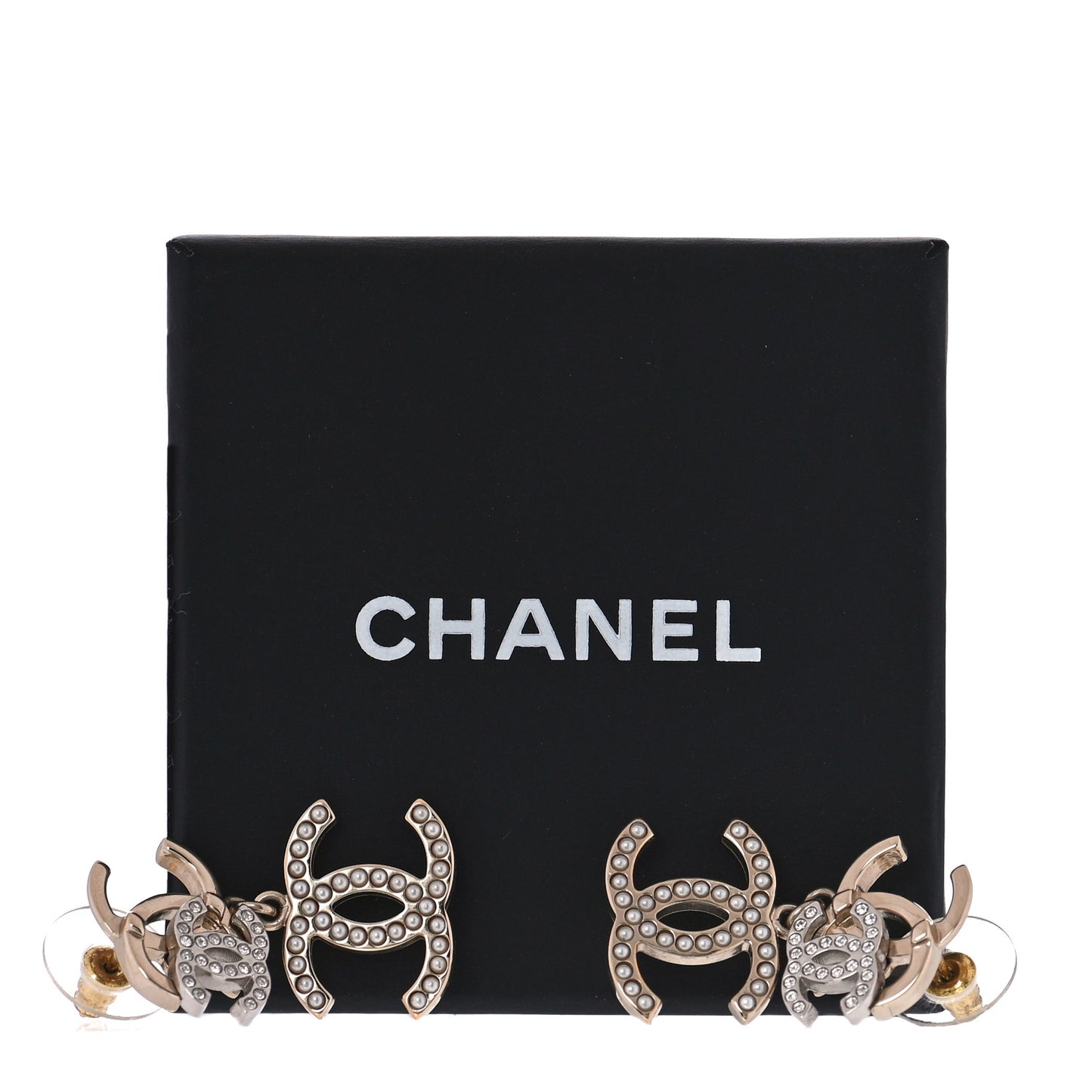 Crystal Pearl Double CC Drop Earrings Gold Silver