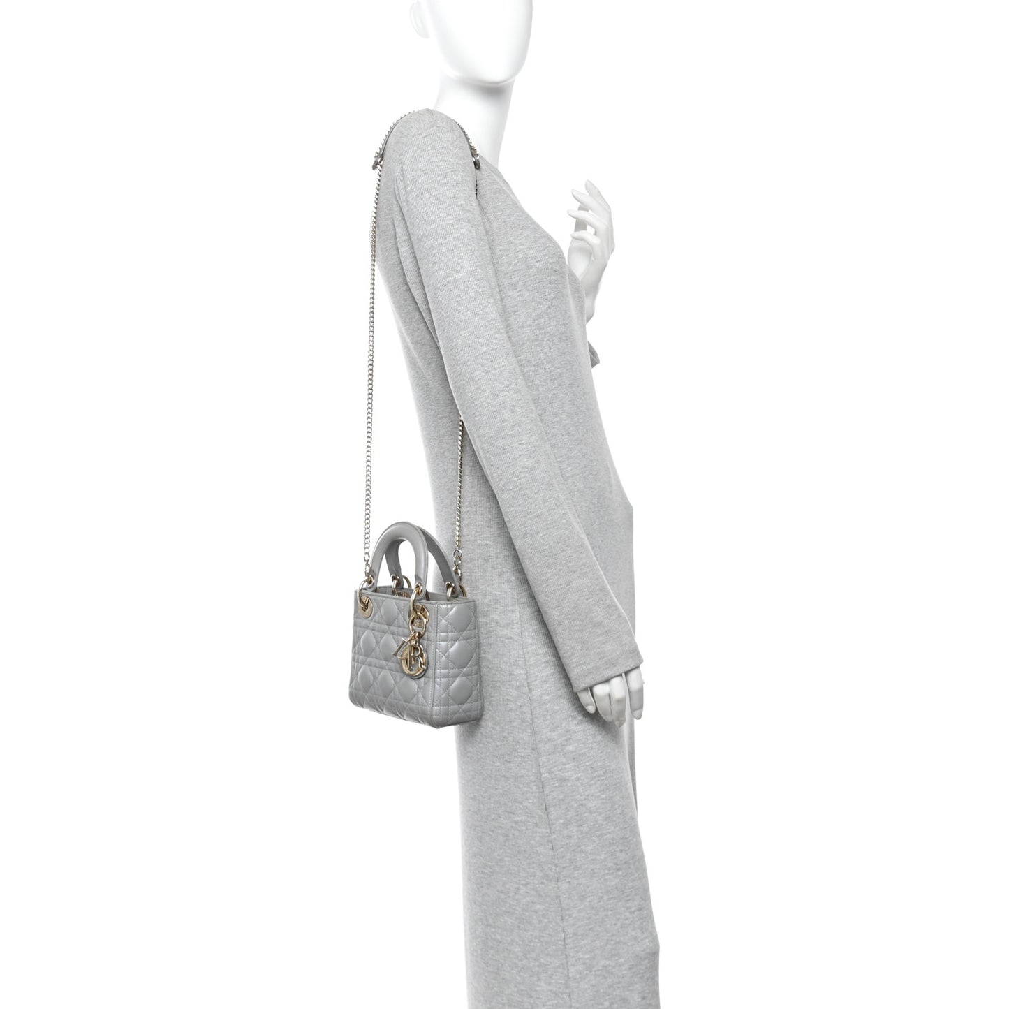 Metallic Lambskin Cannage Mini Lady Dior Grey
