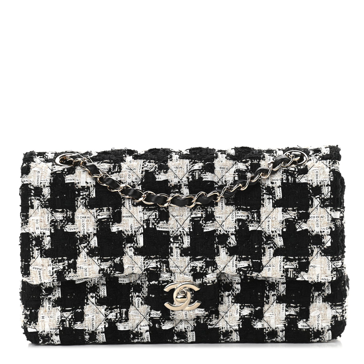 Tweed Quilted Medium Double Flap Black Ecru White