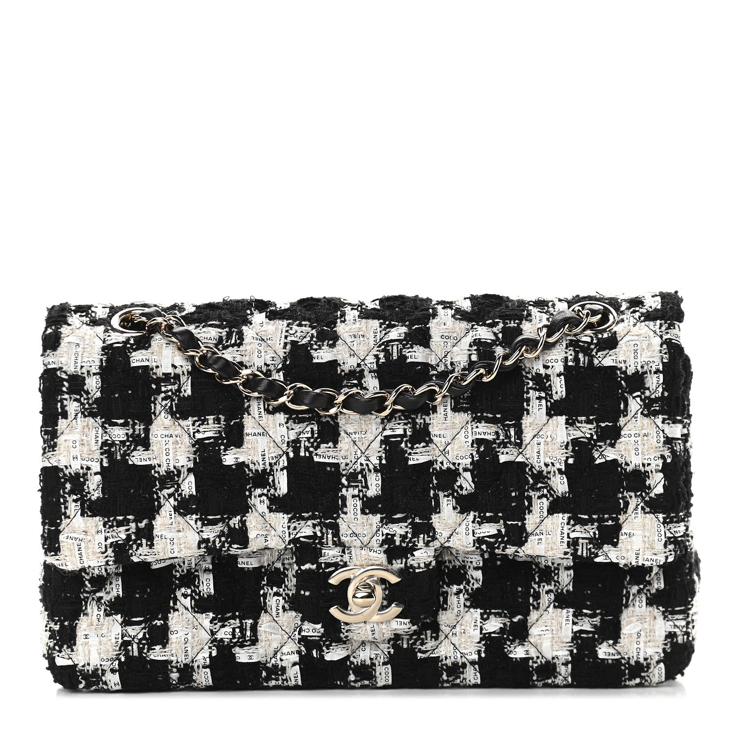 Chanel Tweed Quilted Medium Double Flap Black Ecru White 1 of 10