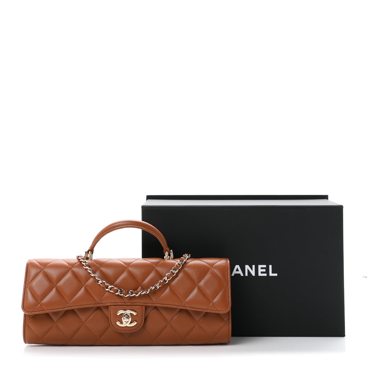 Lambskin Quilted Top Handle Long Clutch With Chain Brown