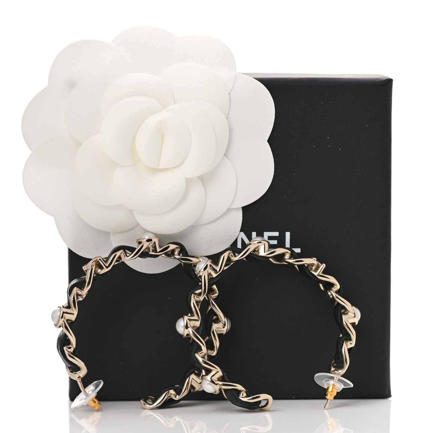 Lambskin Pearl More Is More CC Chain Hoop Earrings Gold Black