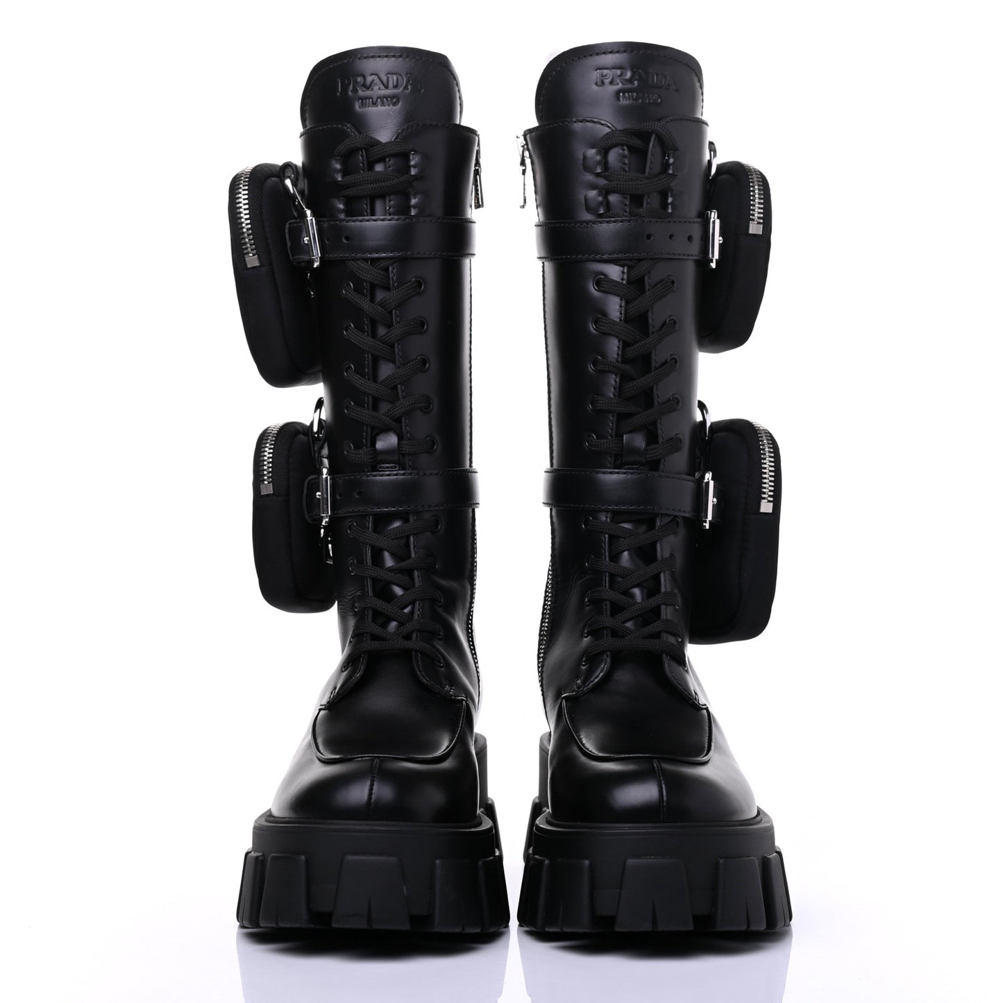 Vitello Lux Nylon Metal Triangle Logo Monolith Pouch Pocket 55mm Tall Combat Boots 37.5 Black