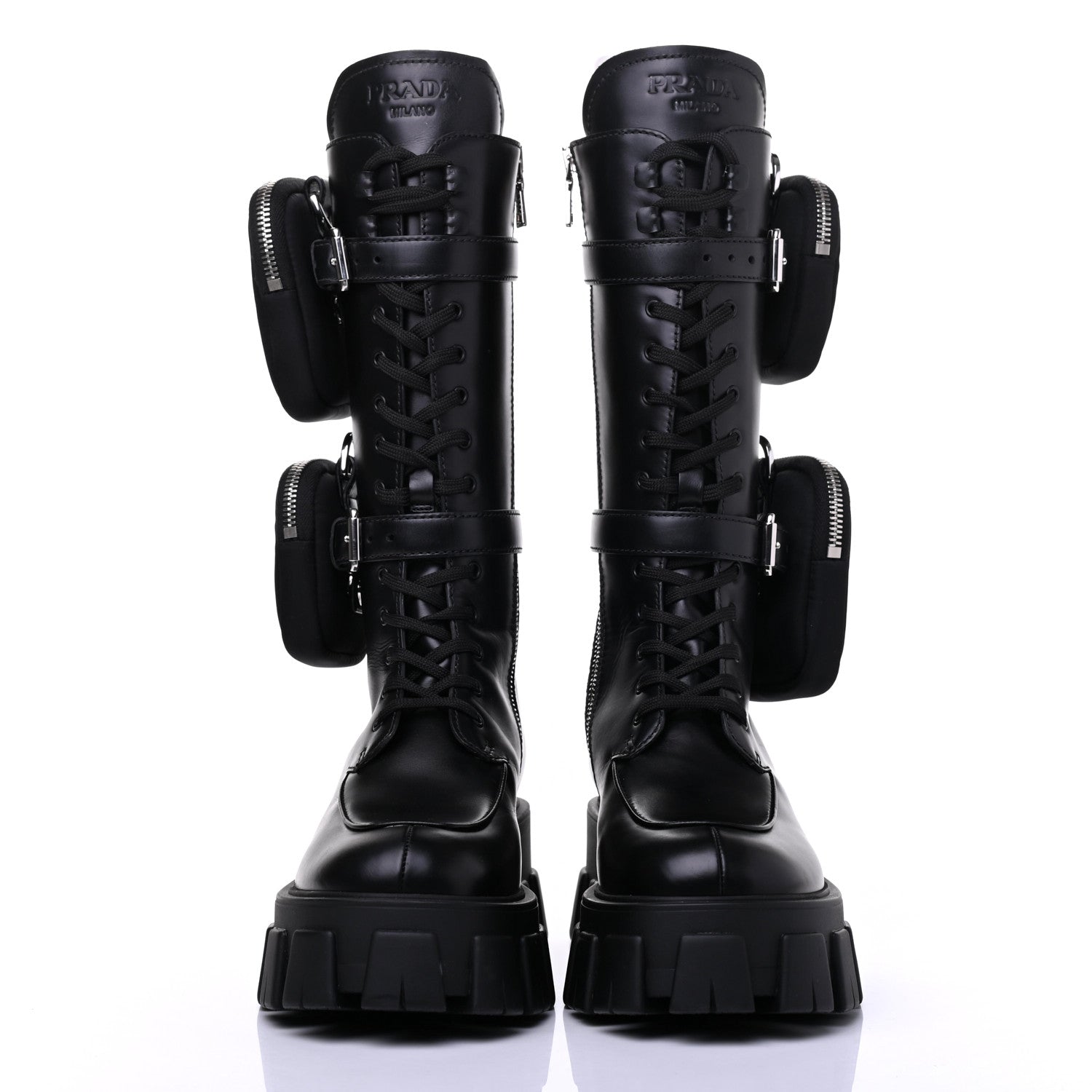 Prada Vitello Lux Nylon Metal Triangle Logo Monolith Pouch Pocket 55mm Tall Combat Boots 37.5 Black 2 of 15