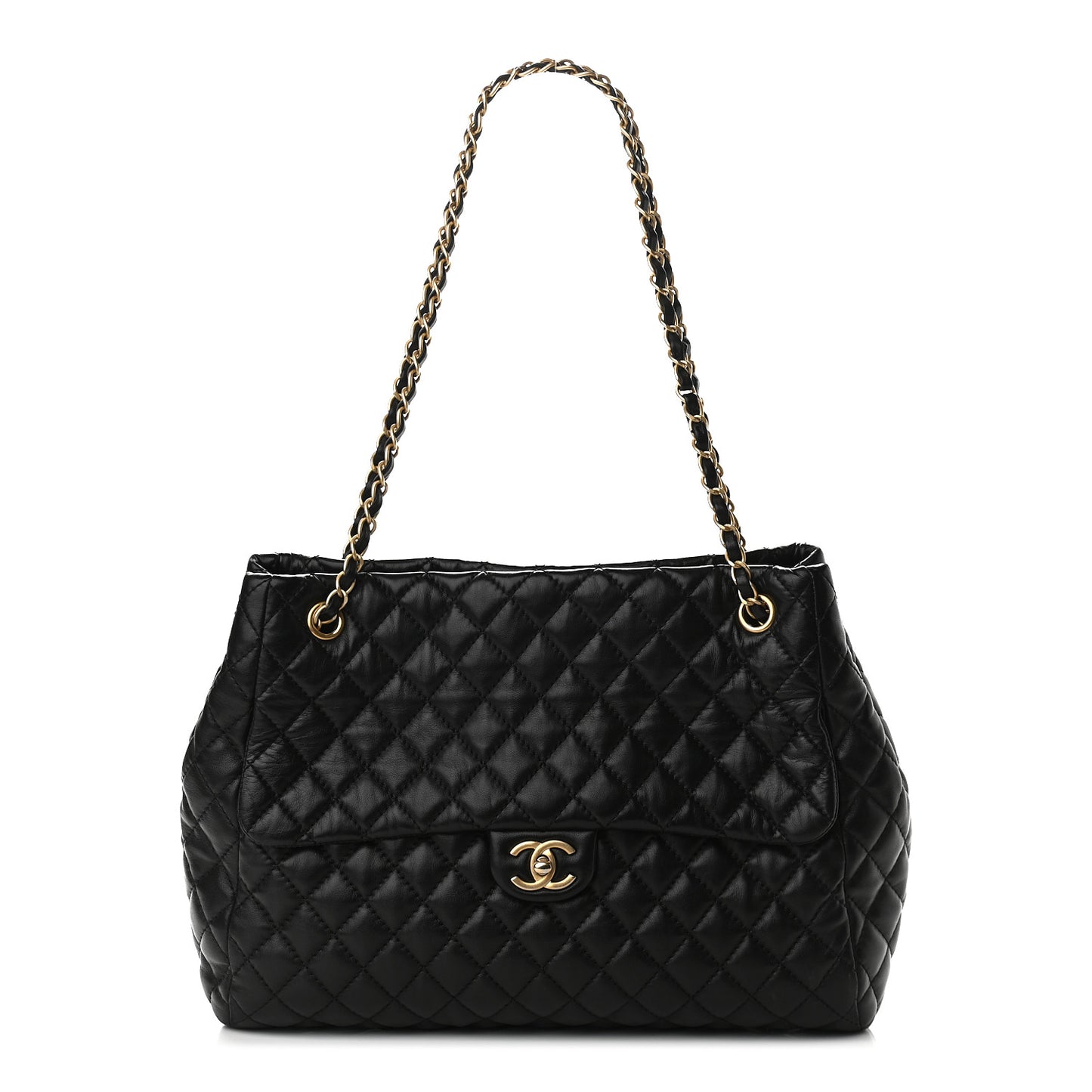 Lambskin Quilted Large Fluffy CC Shopping Tote Black