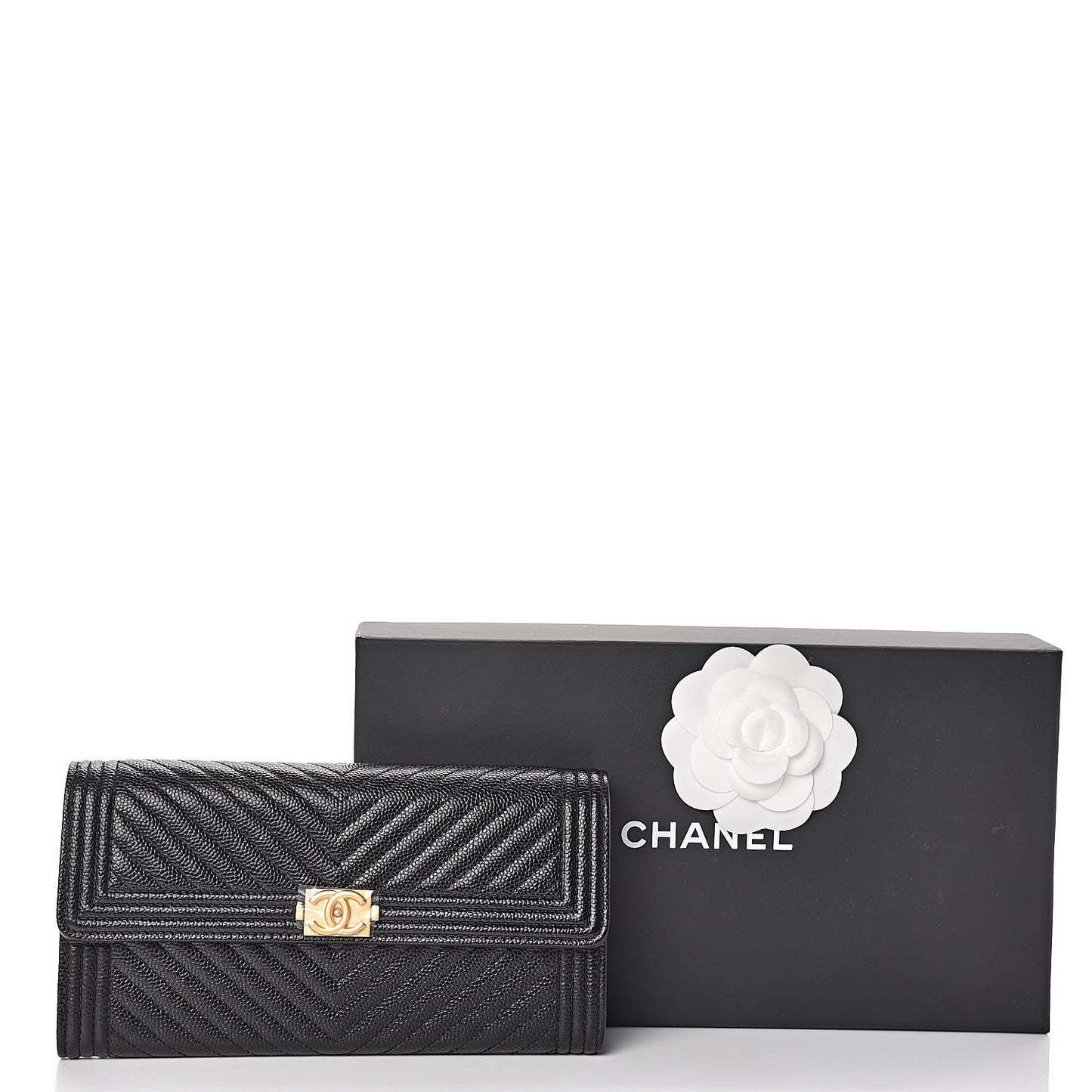 Caviar Chevron Quilted Boy Flap Wallet Black