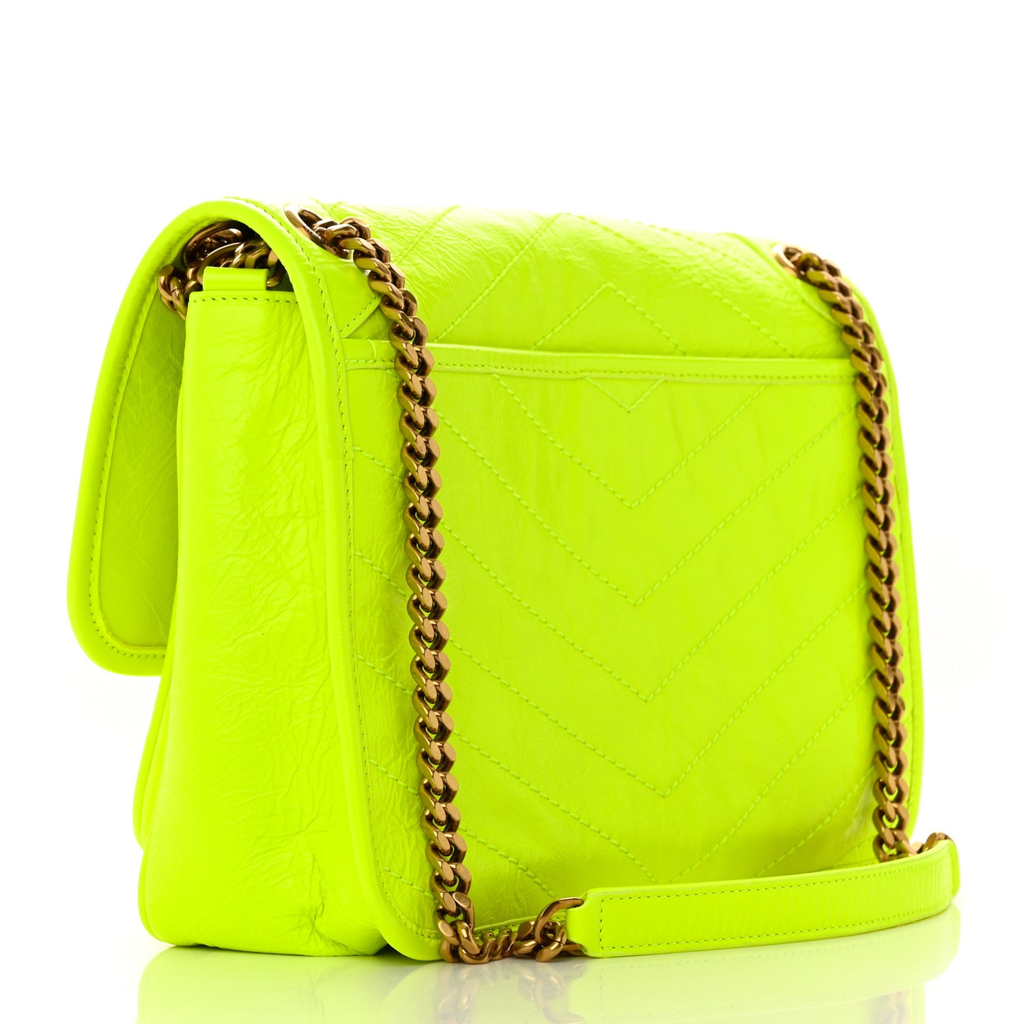 Crinkled Calfskin Matelasse Monogram Medium Niki Chain Satchel Neon Yellow
