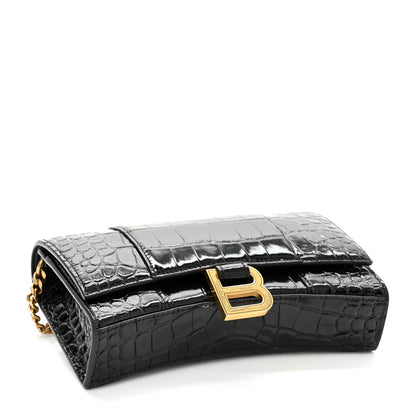 Balenciaga Shiny Calfskin Crocodile Embossed Hourglass Chain Bag Black 3 of 9