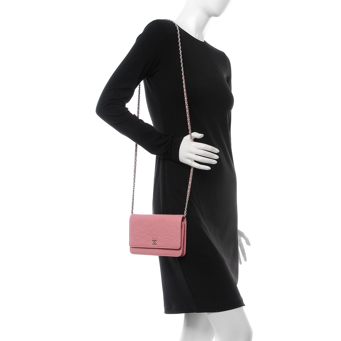 Lambskin Camellia Embossed Wallet On Chain WOC Pink