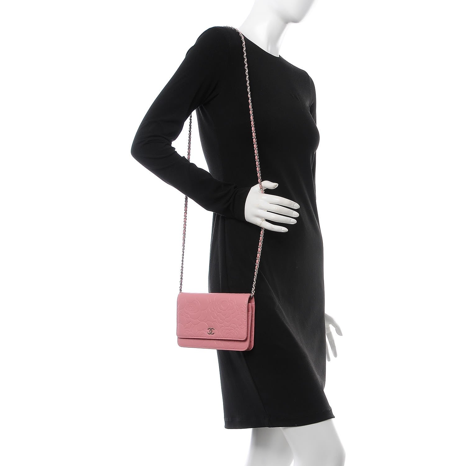 Chanel Lambskin Camellia Embossed Wallet On Chain WOC Pink 2 of 9