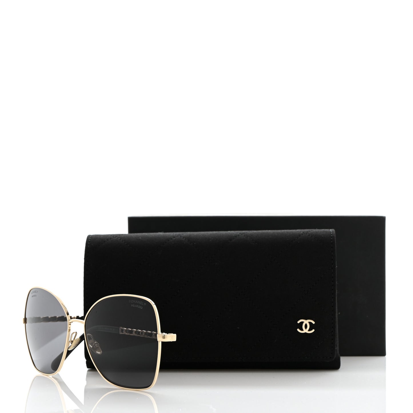 Metal Polarized Square Frame Chain Sunglasses 4274-Q Gold Black