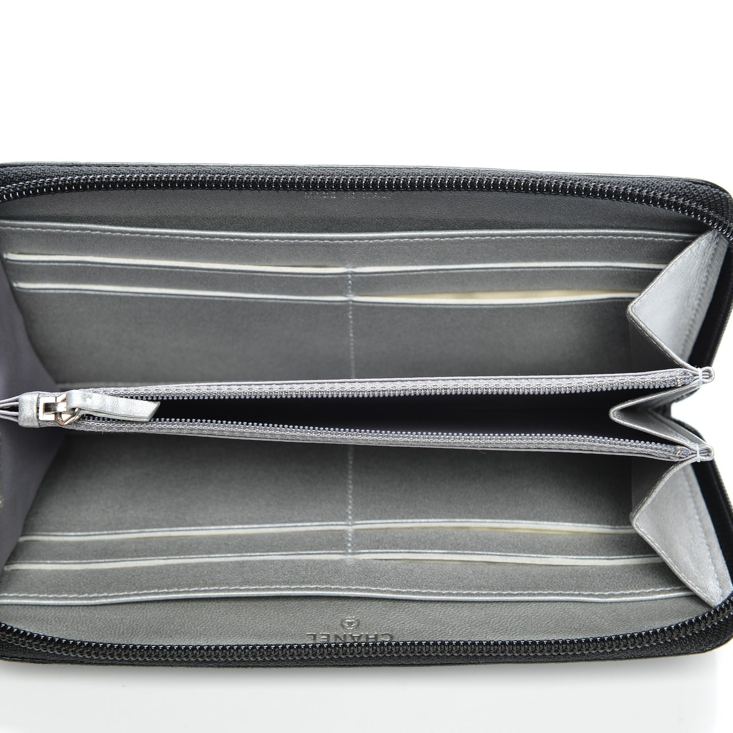 Lambskin Camellia Embossed Large Zip Around Gusset Wallet Black