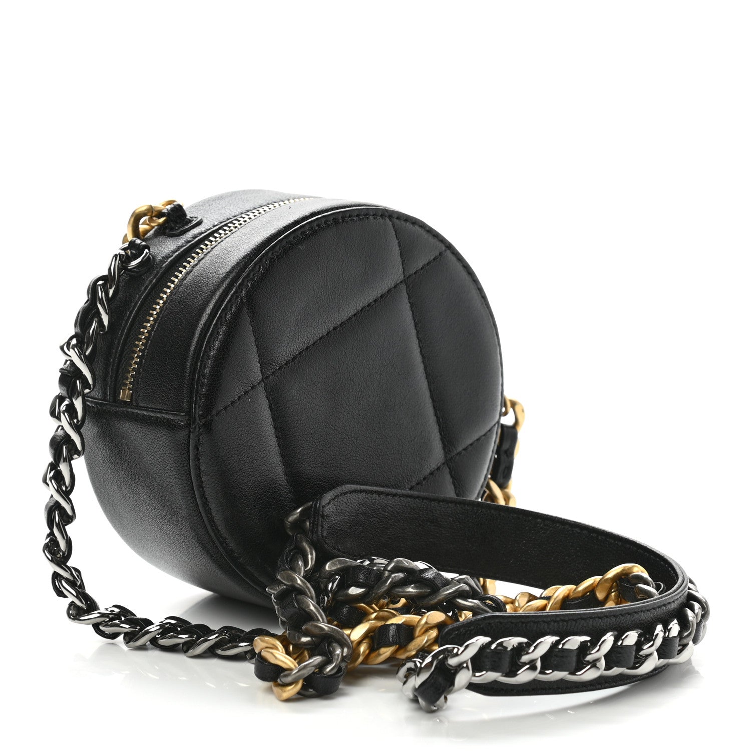 Chanel Shiny Goatskin Quilted Chanel 19 Round Clutch With Chain Black 3 of 10