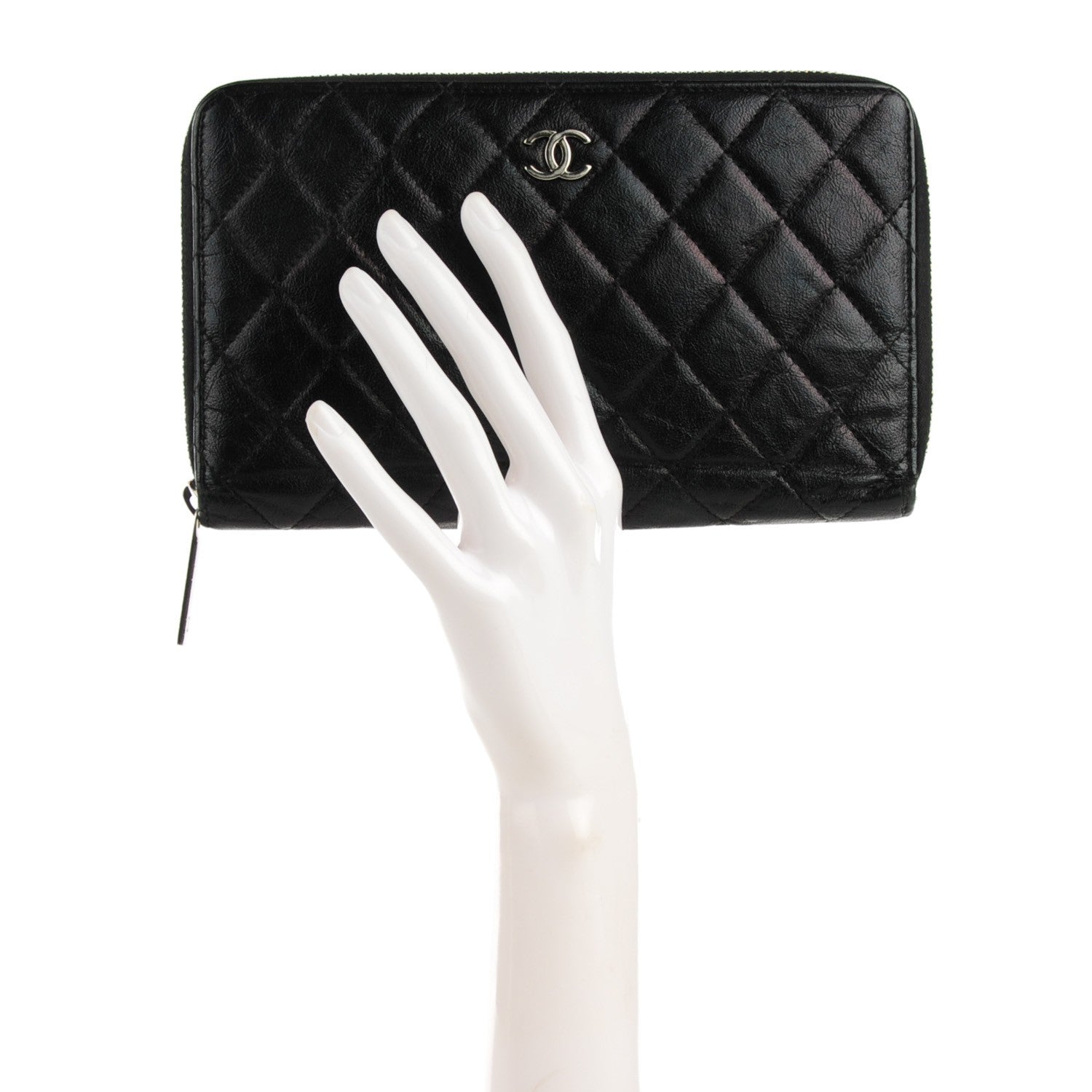 Chanel Glazed Calfskin Quilted Large Zip Around Organizer Wallet Black 4 of 11