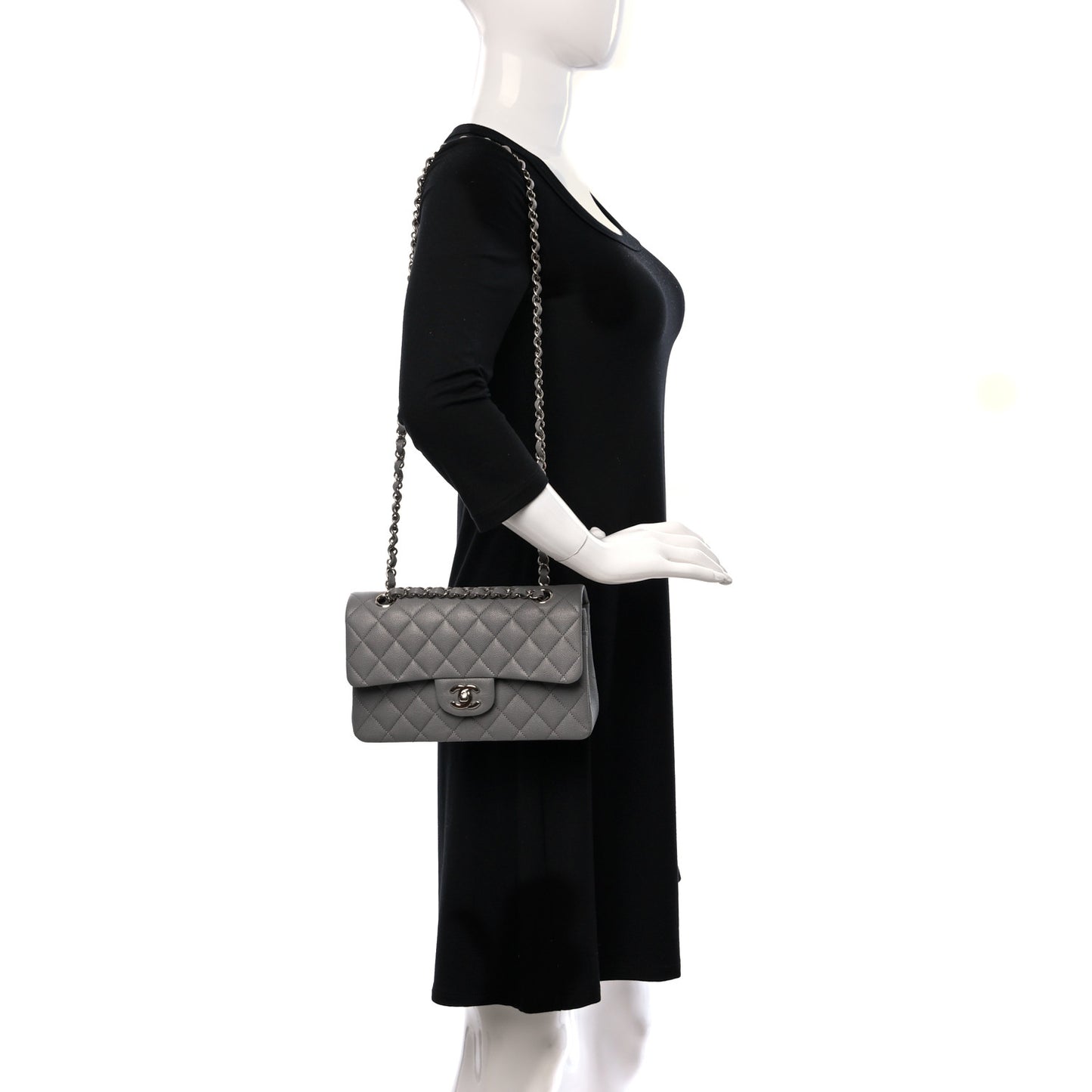 Caviar Quilted Small Double Flap Grey