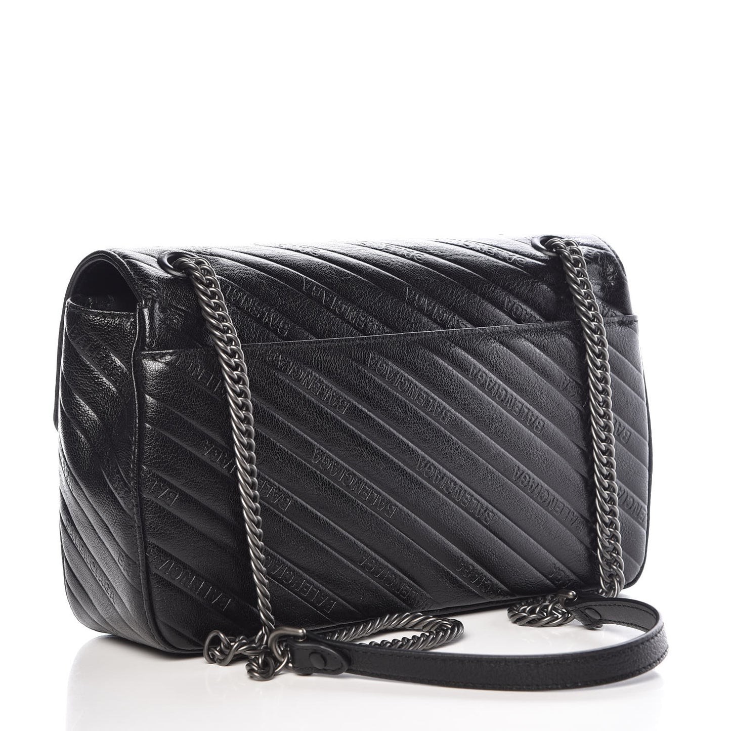 Shiny Goatksin Logo Embossed Monochrome M BB Round Shoulder Bag Black