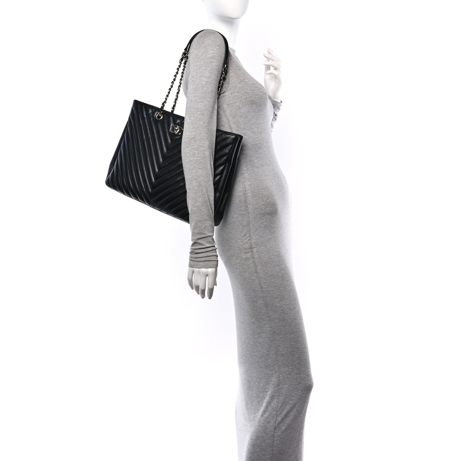 Chanel Caviar Chevron Quilted Large Shopping Tote Black 2 of 10