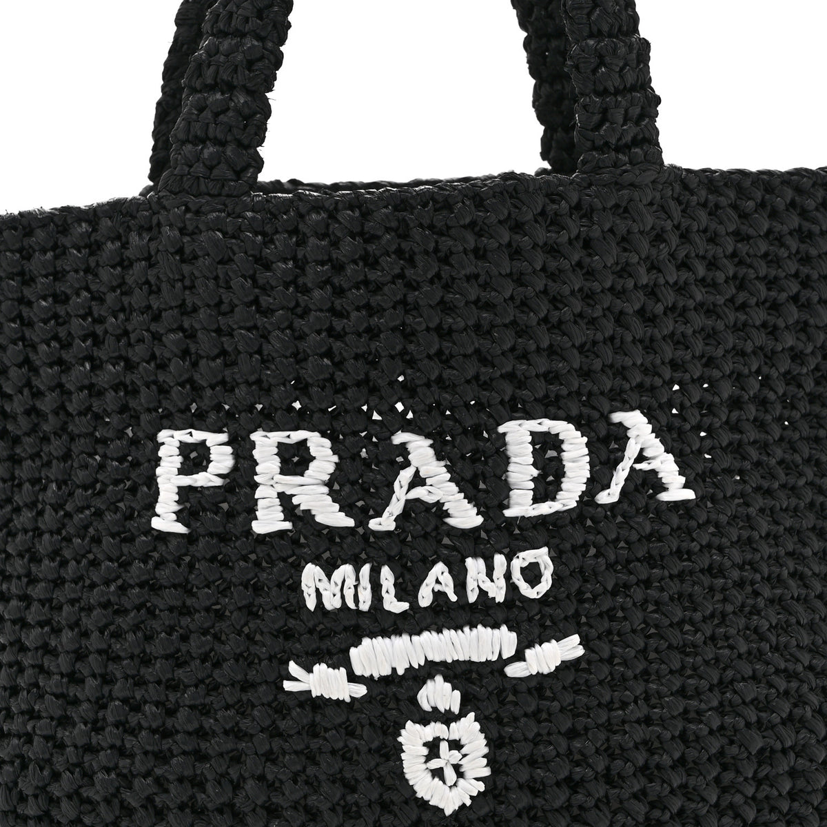 Prada Yarn Raffia Effect Crochet Embroidered Small Logo Tote Black 8 of 10