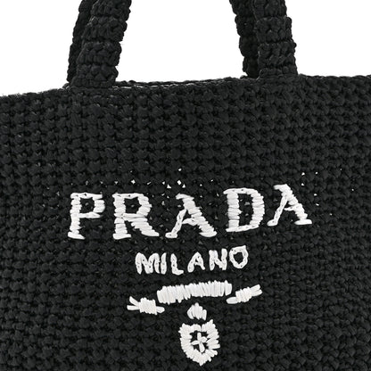 Prada Yarn Raffia Effect Crochet Embroidered Small Logo Tote Black 8 of 10