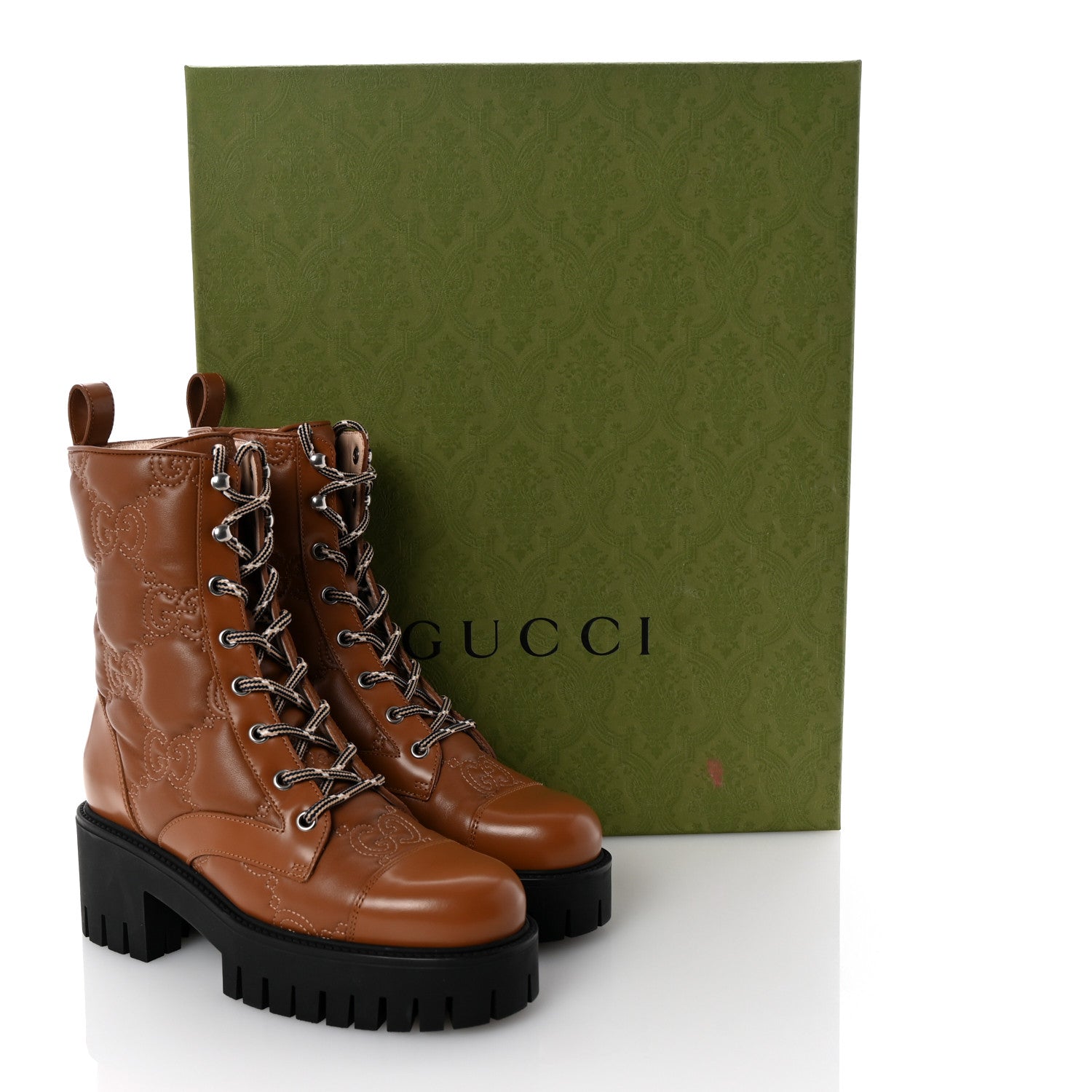Gucci Cordovan Lux Nappa GG Matelasse Lace Up 60mm Combat Boots 36