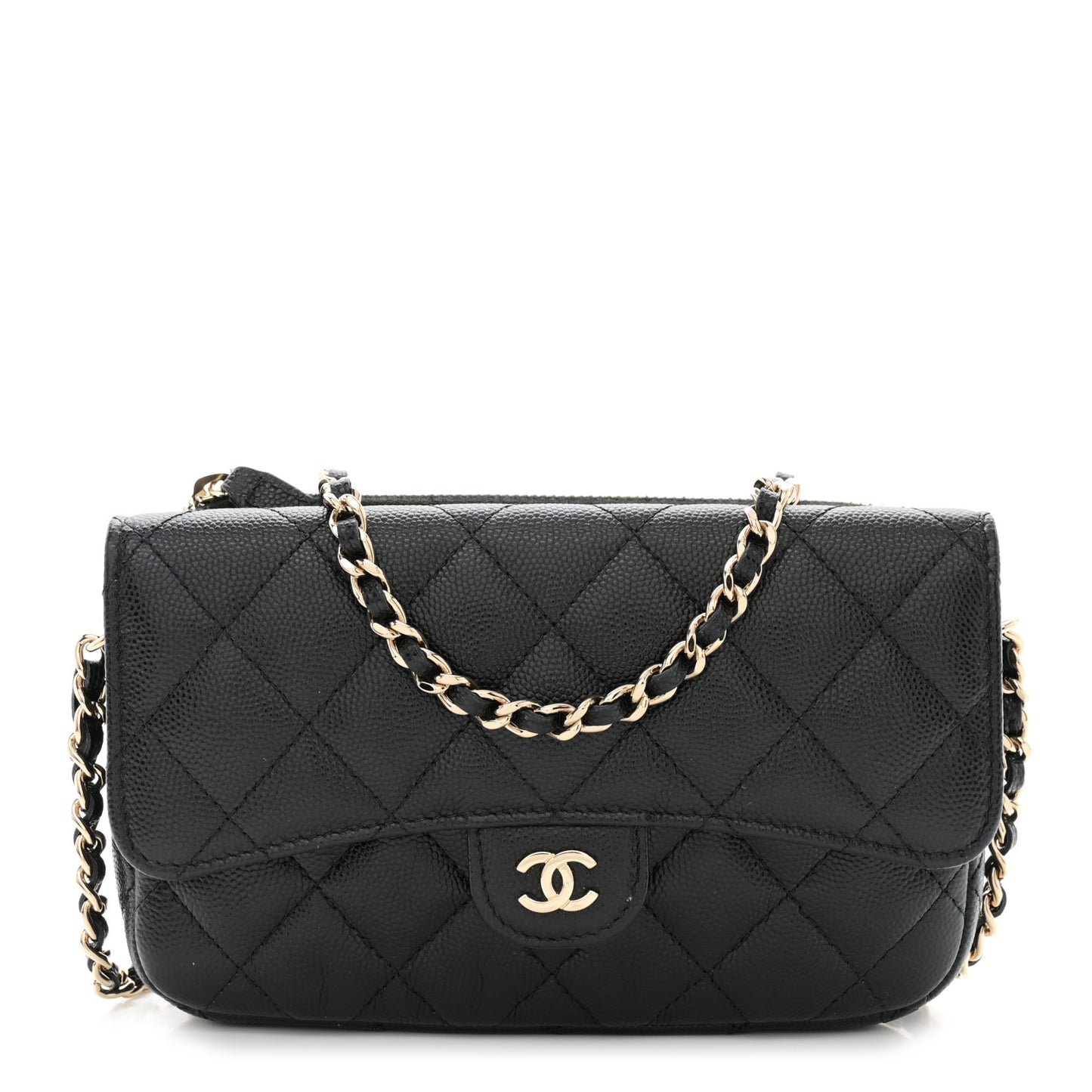 Caviar Quilted Flap Phone Holder With Chain Black