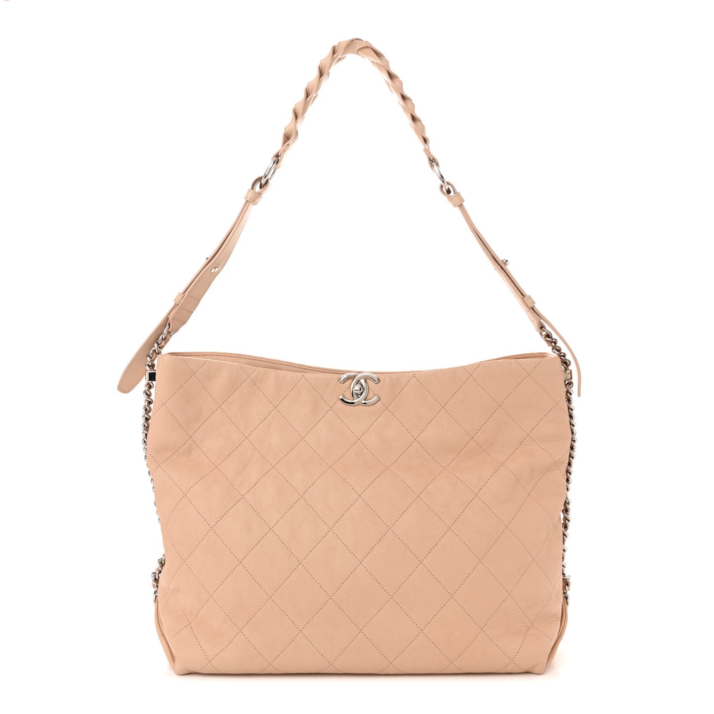 Grained Calfskin Stitched Medium Braided With Style Hobo Beige