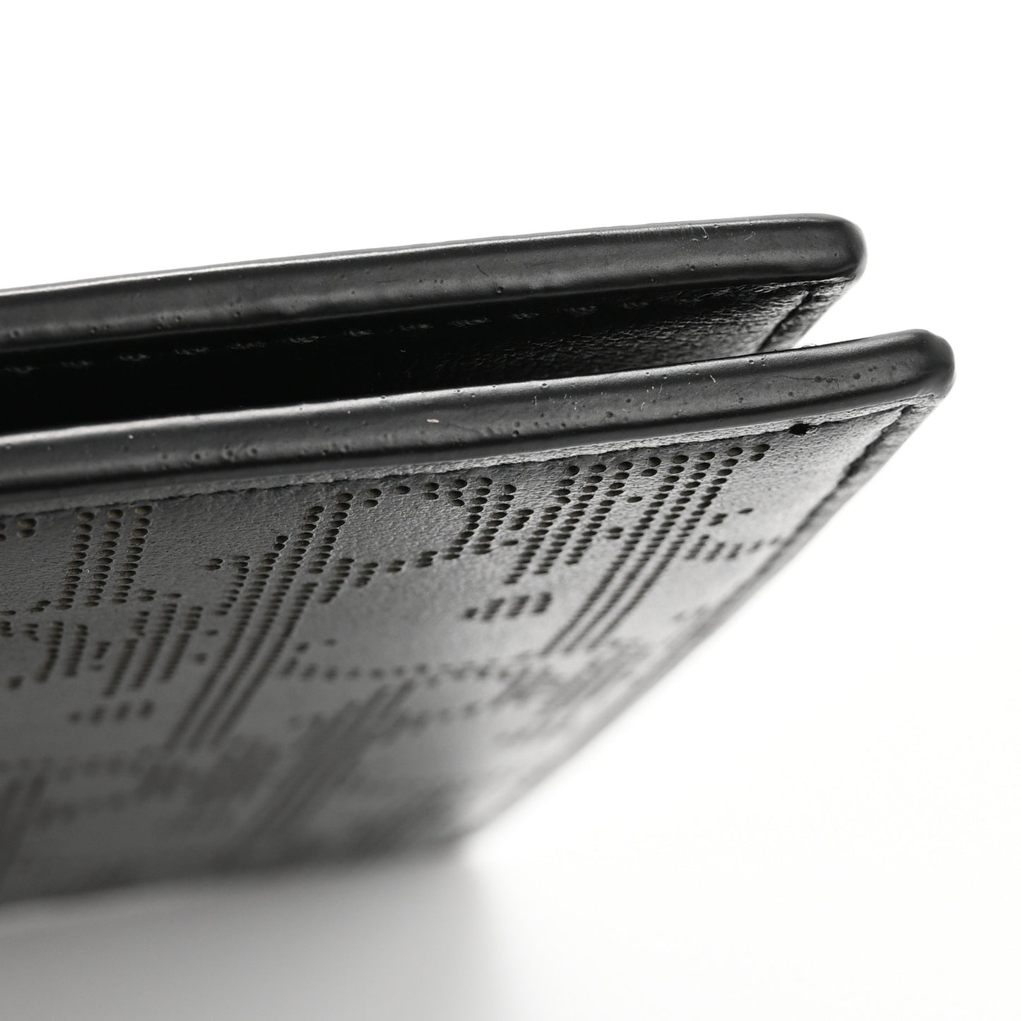 Calfskin Perforated Oblique Bi-Fold Card Holder Black