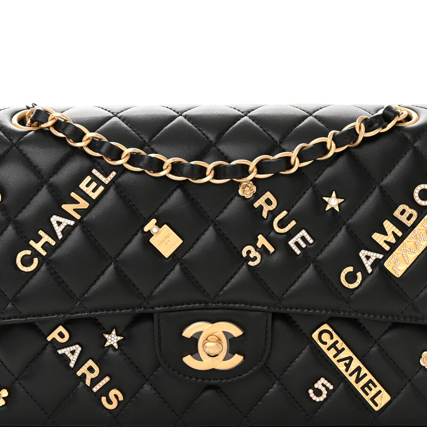 Lambskin Quilted Medium Rue Cambon Charms Double Flap Black