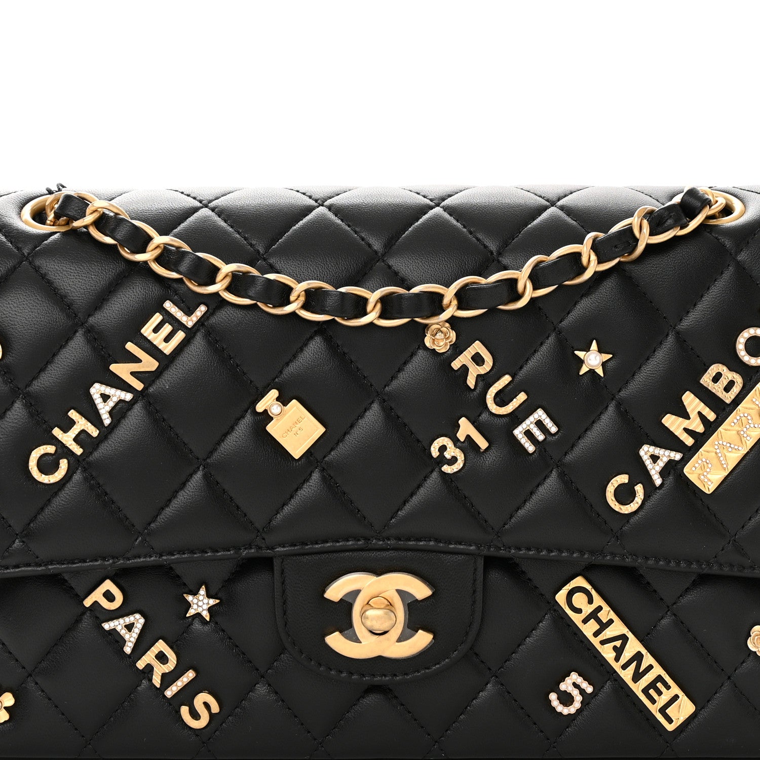 Chanel Lambskin Quilted Medium Rue Cambon Charms Double Flap Black 8 of 14